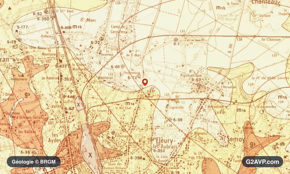 Carte géologique BRGM au 1/50 000 du secteur de Fleury-les-Aubrais : calcaires, marnes et gypse en formations dominantes, repère au centre de la commune