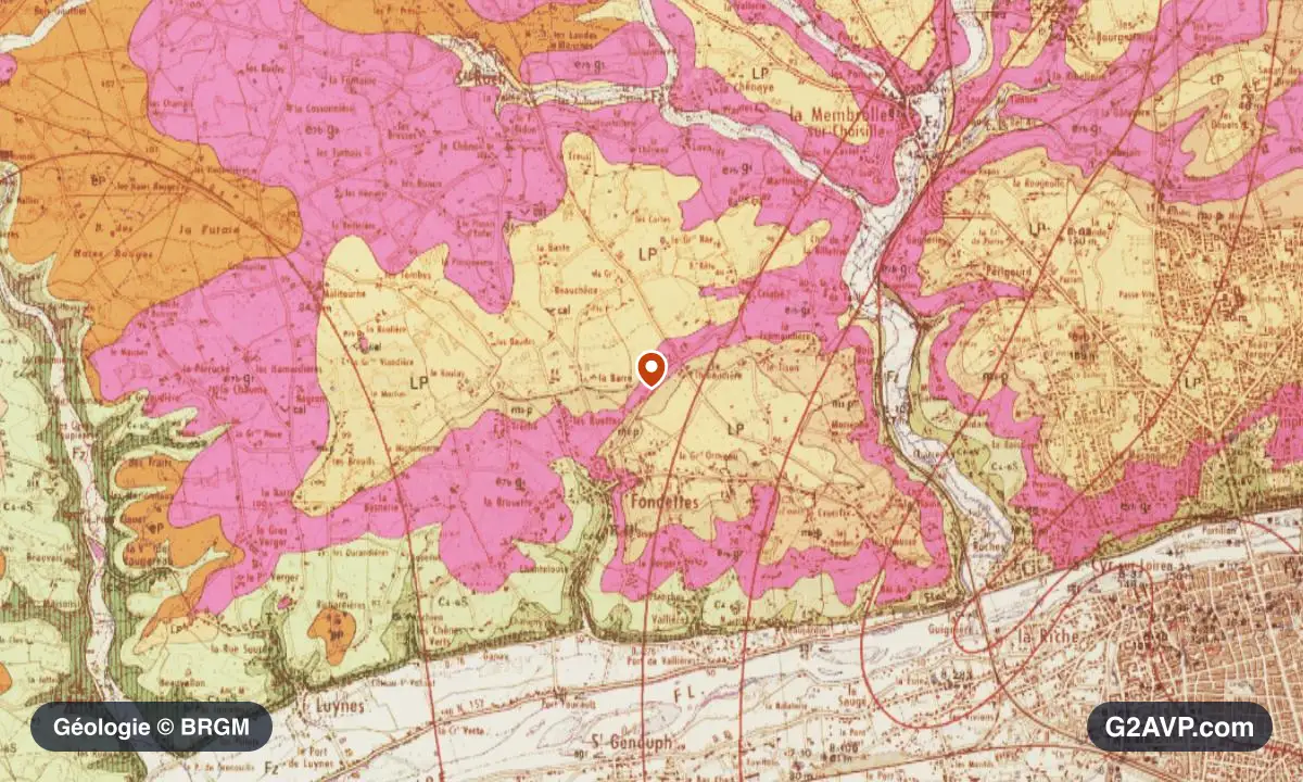 Carte géologique BRGM au 1/50 000 du secteur de Fondettes : calcaires, marnes et gypse en formations dominantes, repère au centre de la commune