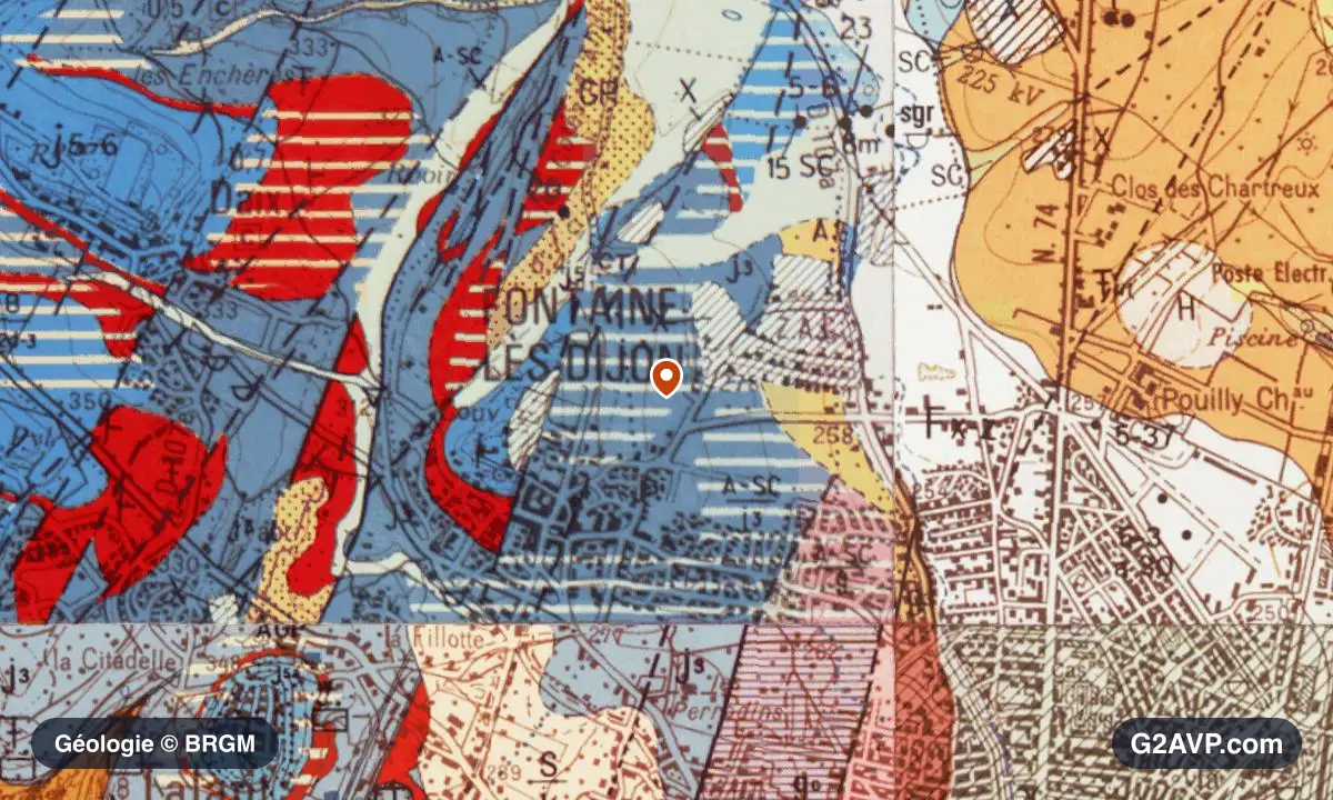 Carte géologique BRGM au 1/50 000 du secteur de Fontaine-lès-Dijon : grès en formations dominantes, repère au centre de la commune