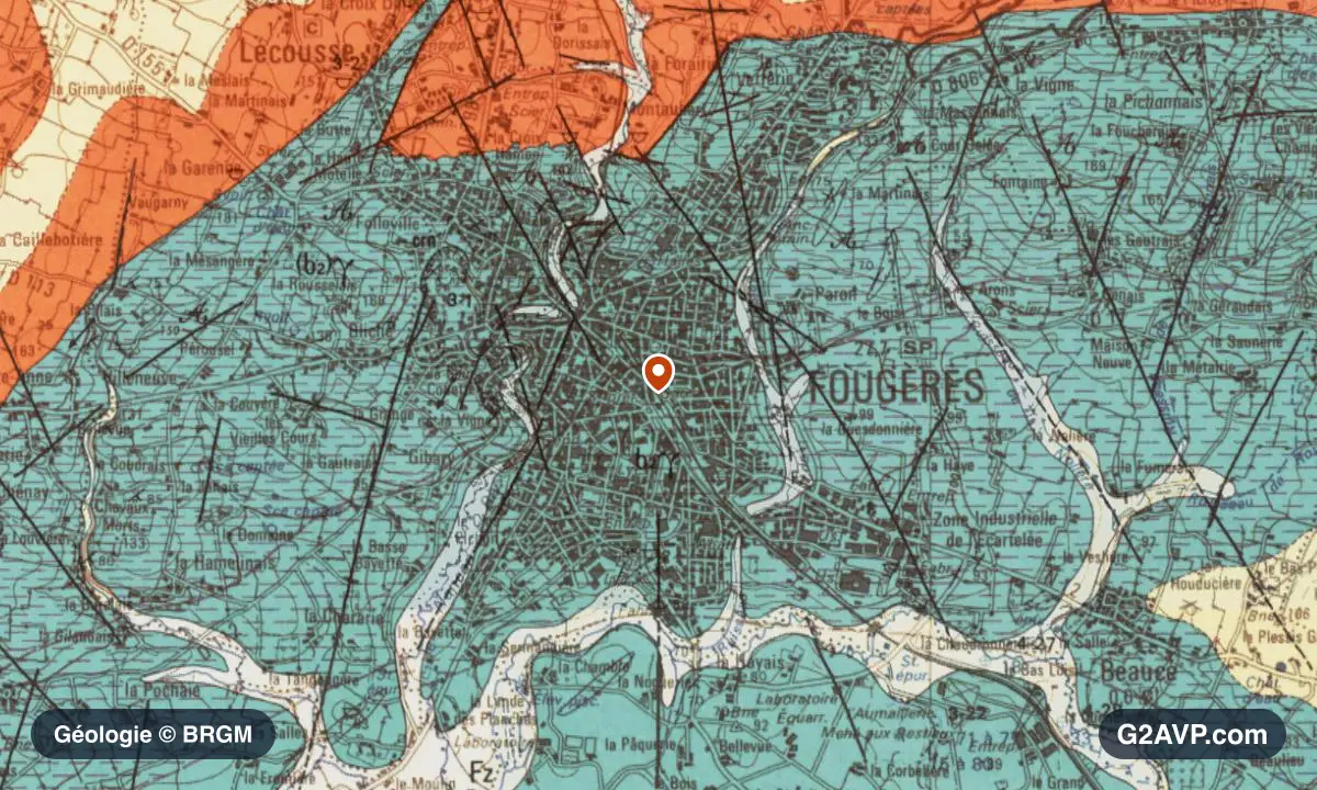 Carte géologique BRGM au 1/50 000 du secteur de Fougères : schistes et grès en formations dominantes, repère au centre de la commune