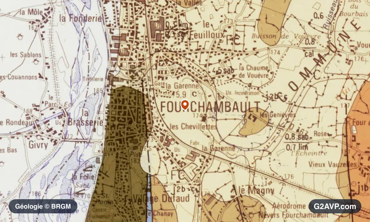 Carte géologique BRGM au 1/50 000 du secteur de Fourchambault : calcaires, marnes et gypse en formations dominantes, repère au centre de la commune