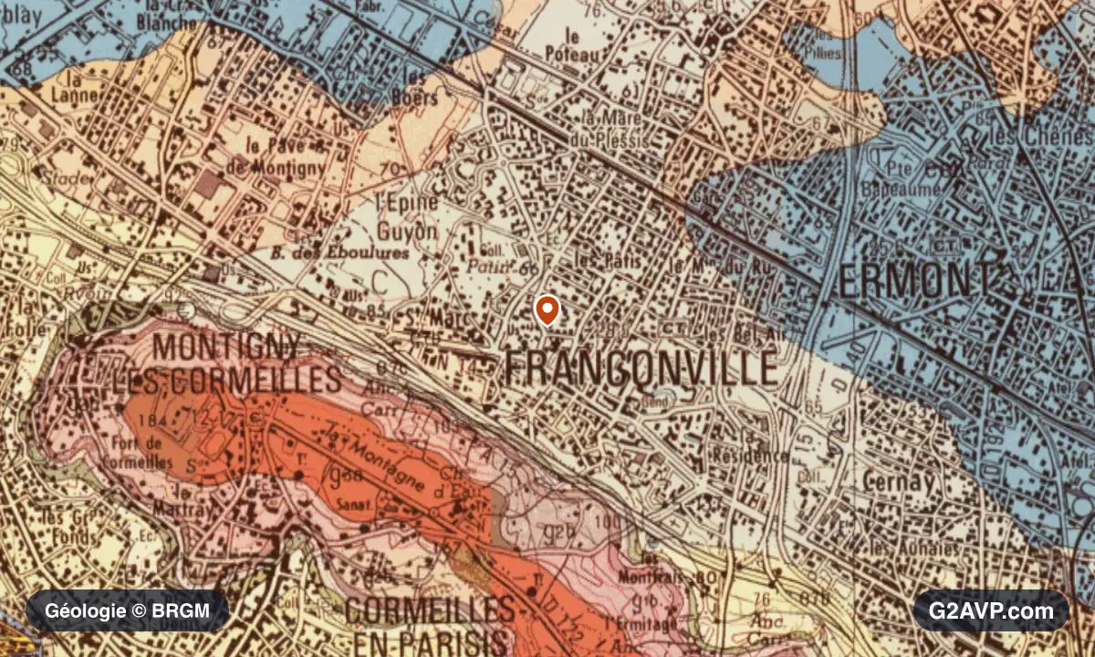 Carte géologique BRGM au 1/50 000 du secteur de Franconville : calcaires, marnes et gypse en formations dominantes, repère au centre de la commune