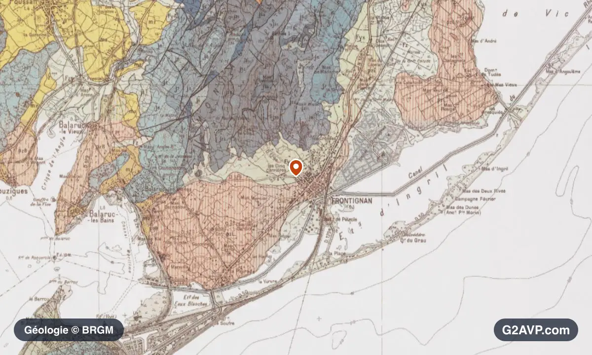 Carte géologique BRGM au 1/50 000 du secteur de Frontignan : sables en formations dominantes, repère au centre de la commune