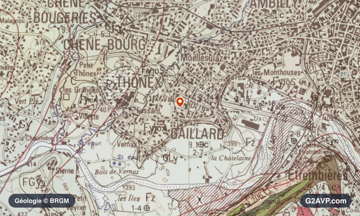Carte géologique BRGM au 1/50 000 du secteur de Gaillard : argiles en formations dominantes, repère au centre de la commune