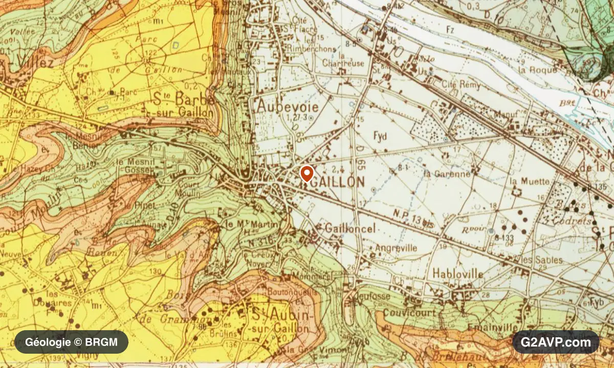 Carte géologique BRGM au 1/50 000 du secteur de Gaillon : calcaires, marnes et gypse en formations dominantes, repère au centre de la commune