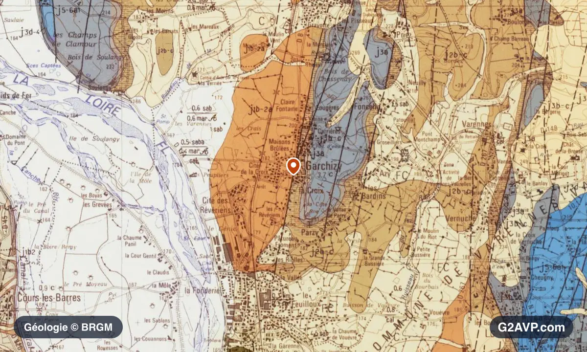 Carte géologique BRGM au 1/50 000 du secteur de Garchizy : calcaires, marnes et gypse en formations dominantes, repère au centre de la commune