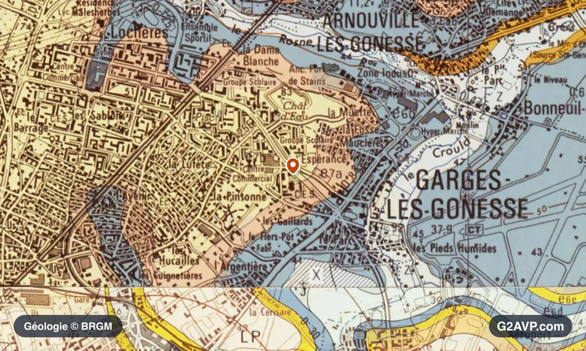 Carte géologique BRGM au 1/50 000 du secteur de Garges-lès-Gonesse : calcaires, marnes et gypse en formations dominantes, repère au centre de la commune