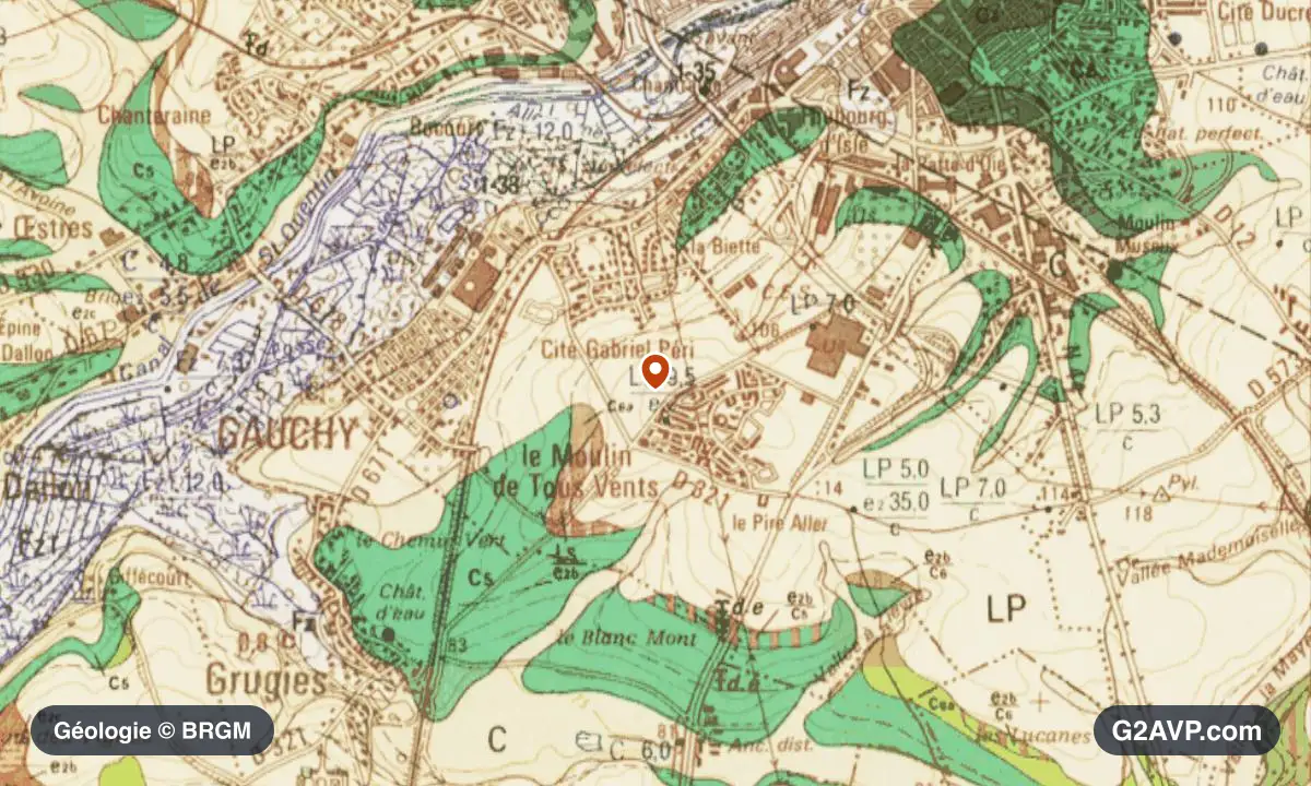 Carte géologique BRGM au 1/50 000 du secteur de Gauchy : craie en formations dominantes, repère au centre de la commune