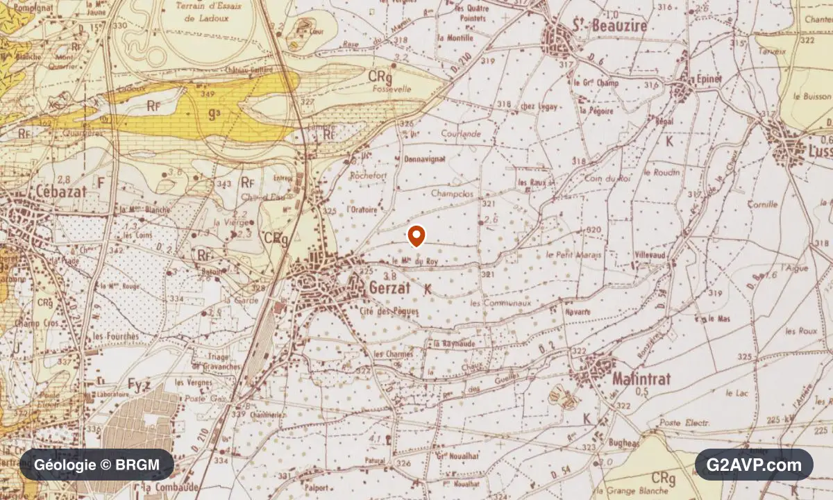 Carte géologique BRGM au 1/50 000 du secteur de Gerzat : argiles en formations dominantes, repère au centre de la commune