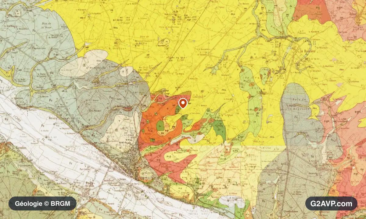 Carte géologique BRGM au 1/50 000 du secteur de Gien : argiles en formations dominantes, repère au centre de la commune