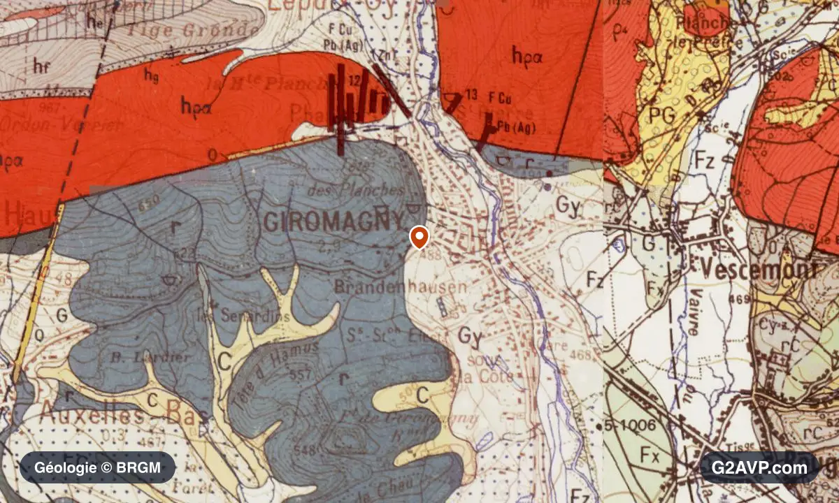 Carte géologique BRGM au 1/50 000 du secteur de Giromagny : grès en formations dominantes, repère au centre de la commune
