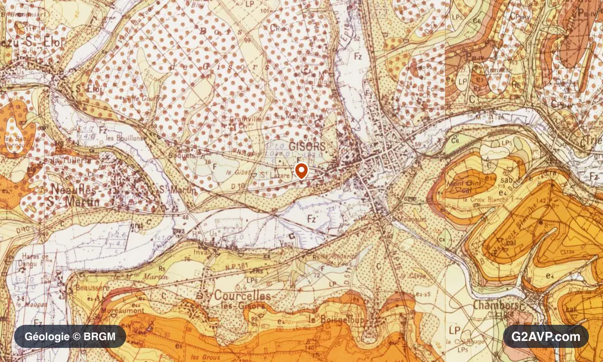 Carte géologique BRGM au 1/50 000 du secteur de Gisors : craie en formations dominantes, repère au centre de la commune