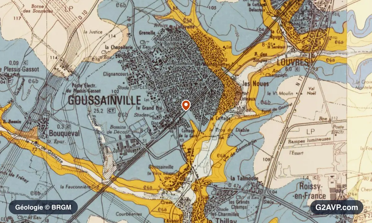Carte géologique BRGM au 1/50 000 du secteur de Goussainville : calcaires, marnes et gypse en formations dominantes, repère au centre de la commune