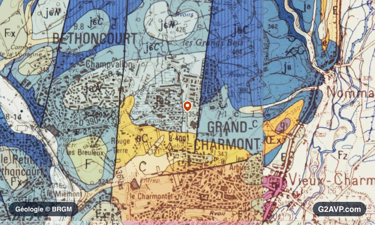 Carte géologique BRGM au 1/50 000 du secteur de Grand-Charmont : grès en formations dominantes, repère au centre de la commune