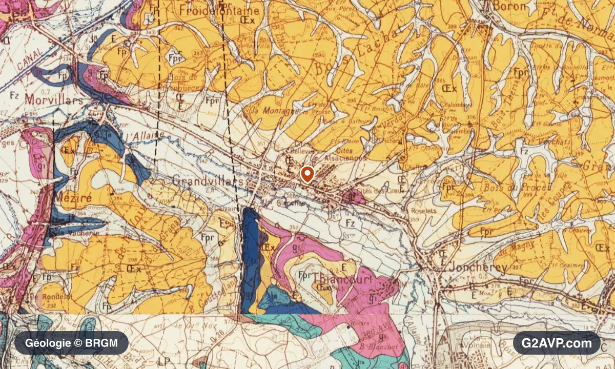 Carte géologique BRGM au 1/50 000 du secteur de Grandvillars : argiles en formations dominantes, repère au centre de la commune