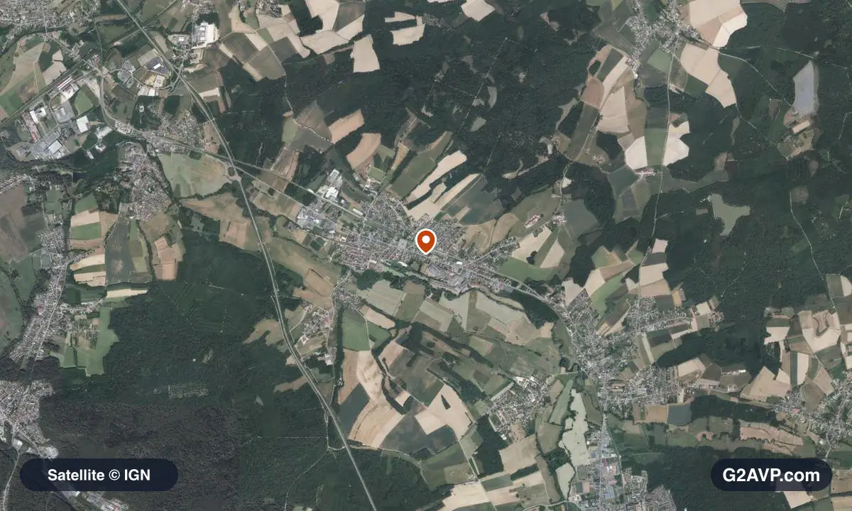 Vue satellite (orthophoto IGN) du secteur de Grandvillars, même emprise que la carte géologique