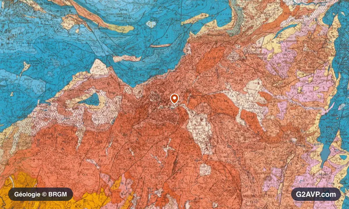 Carte géologique BRGM au 1/50 000 du secteur de Grasse : calcaires, marnes et gypse en formations dominantes, repère au centre de la commune