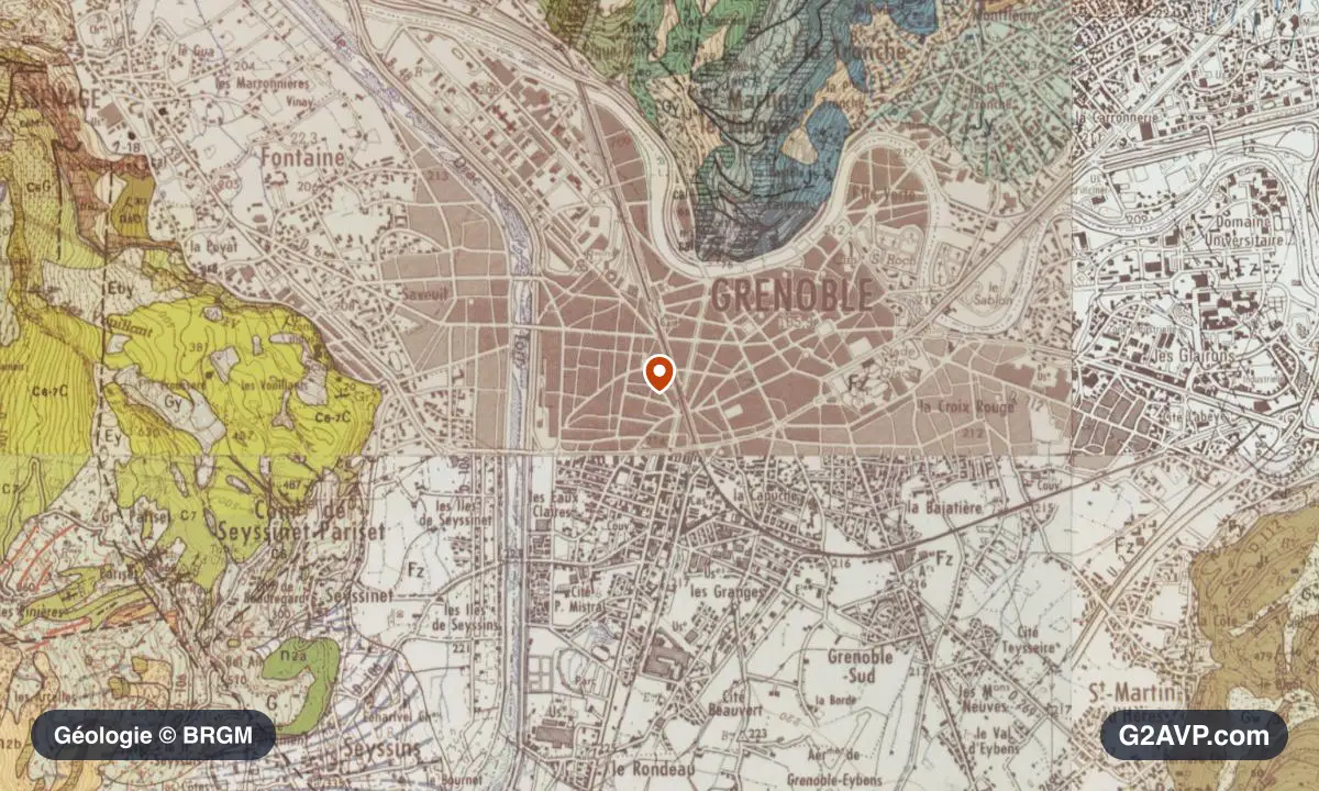 Carte géologique BRGM au 1/50 000 du secteur de Grenoble : sables en formations dominantes, repère au centre de la commune
