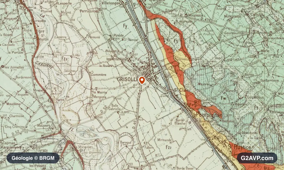 Carte géologique BRGM au 1/50 000 du secteur de Grisolles : sables en formations dominantes, repère au centre de la commune