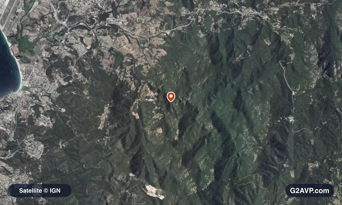 Vue satellite (orthophoto IGN) du secteur de Grosseto-Prugna, même emprise que la carte géologique
