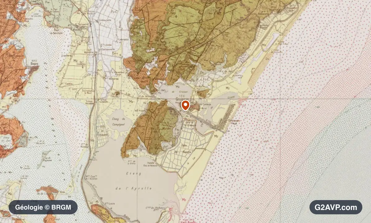 Carte géologique BRGM au 1/50 000 du secteur de Gruissan : sables en formations dominantes, repère au centre de la commune