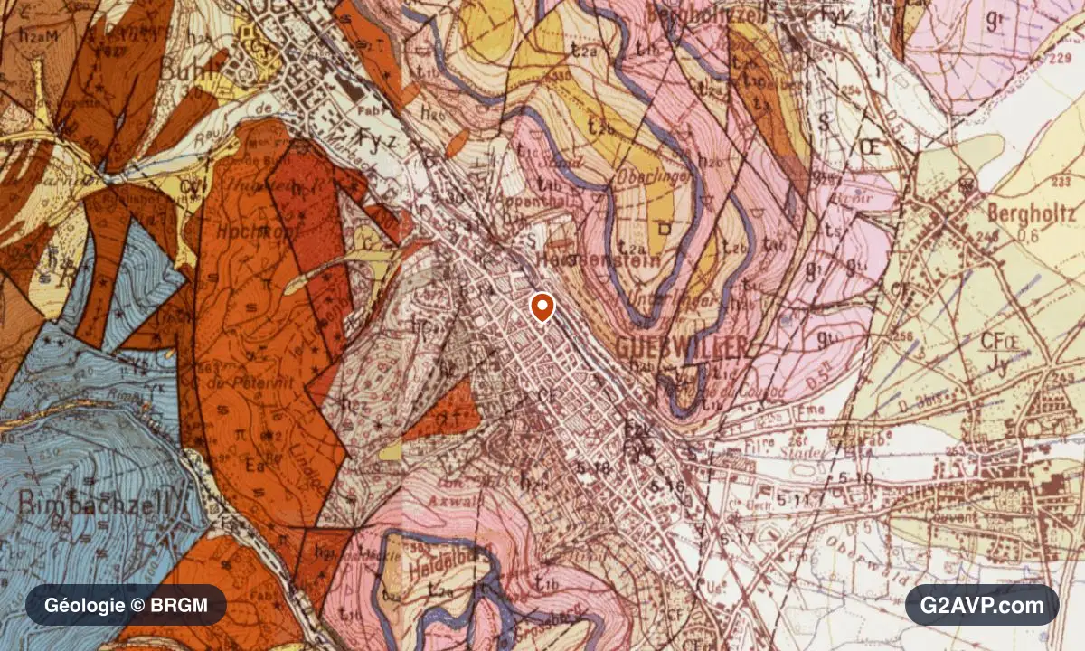 Carte géologique BRGM au 1/50 000 du secteur de Guebwiller : grès en formations dominantes, repère au centre de la commune