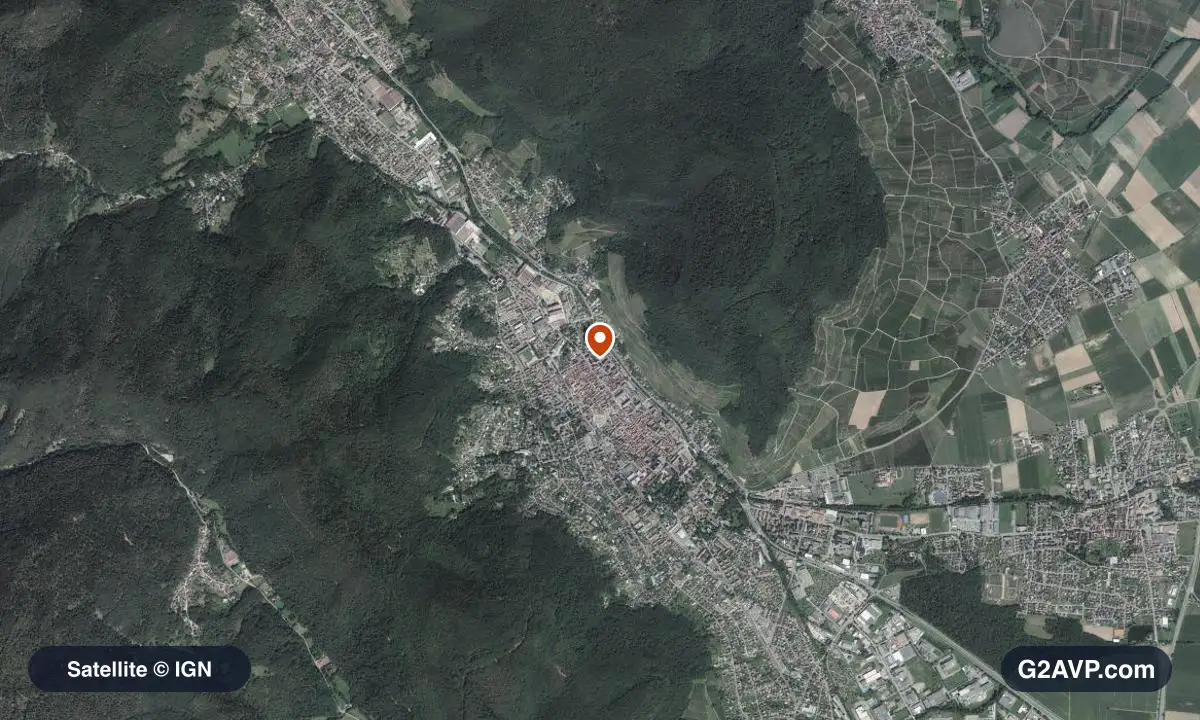 Vue satellite (orthophoto IGN) du secteur de Guebwiller, même emprise que la carte géologique