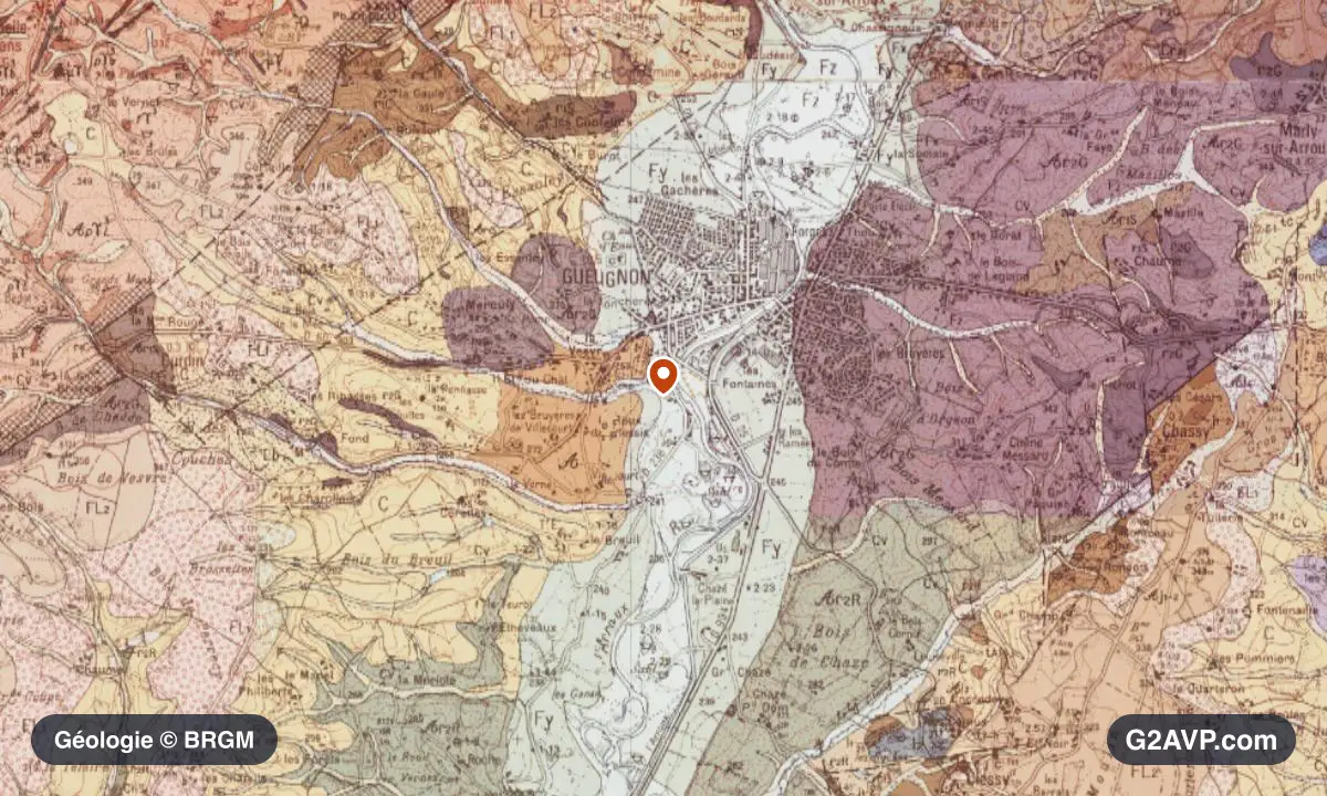 Carte géologique BRGM au 1/50 000 du secteur de Gueugnon : grès en formations dominantes, repère au centre de la commune