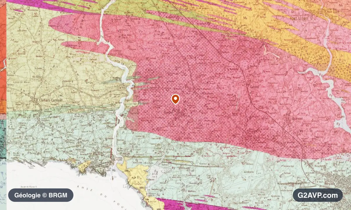 Carte géologique BRGM au 1/50 000 du secteur de Guidel : micaschistes en formations dominantes, repère au centre de la commune