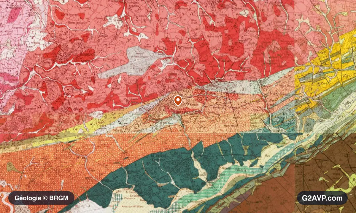 Carte géologique BRGM au 1/50 000 du secteur de Guipavas : gneiss en formations dominantes, repère au centre de la commune