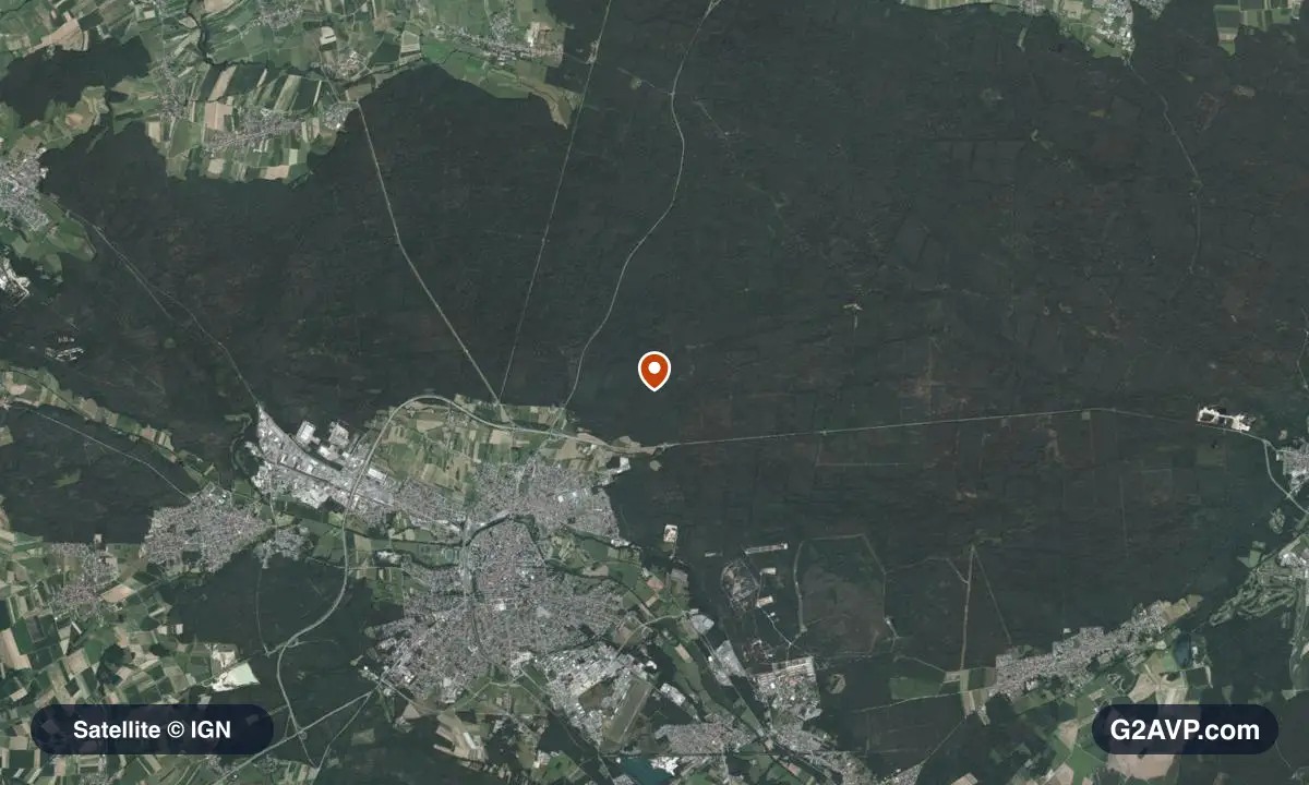 Vue satellite (orthophoto IGN) du secteur de Haguenau, même emprise que la carte géologique
