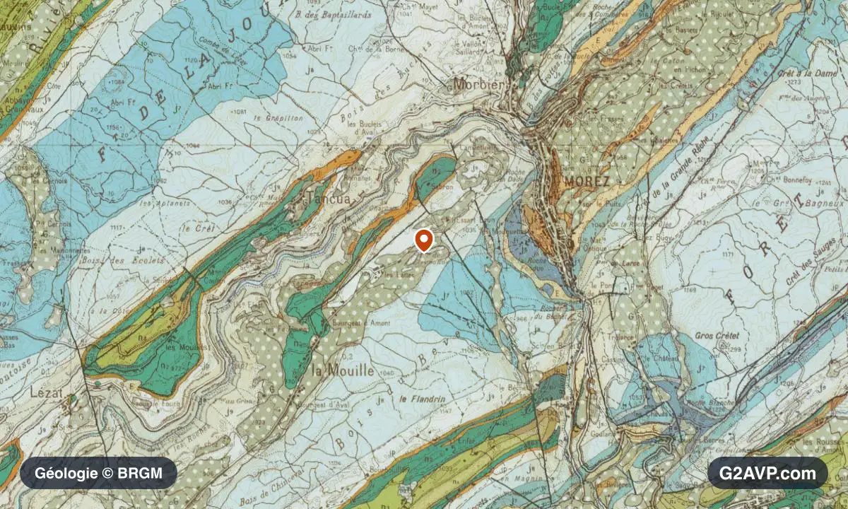 Carte géologique BRGM au 1/50 000 du secteur des Hauts de Bienne : calcaires, marnes et gypse en formations dominantes, repère au centre de la commune