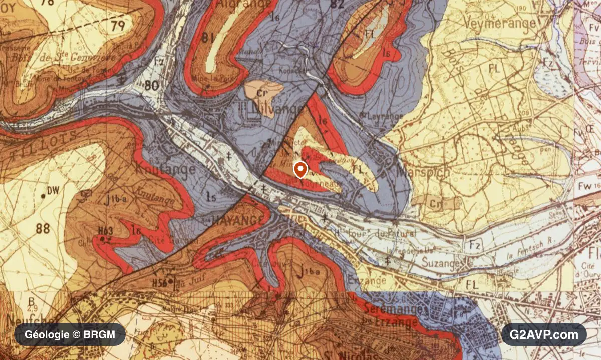 Carte géologique BRGM au 1/50 000 du secteur de Hayange : calcaires, marnes et gypse en formations dominantes, repère au centre de la commune