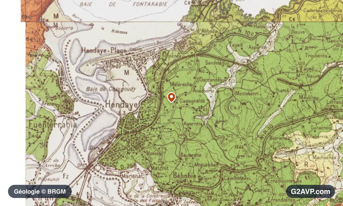 Carte géologique BRGM au 1/50 000 du secteur d'Hendaye : grès en formations dominantes, repère au centre de la commune