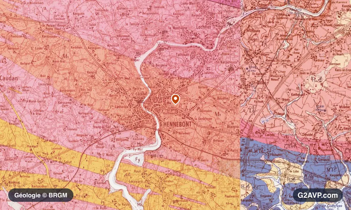 Carte géologique BRGM au 1/50 000 du secteur d'Hennebont : gneiss en formations dominantes, repère au centre de la commune