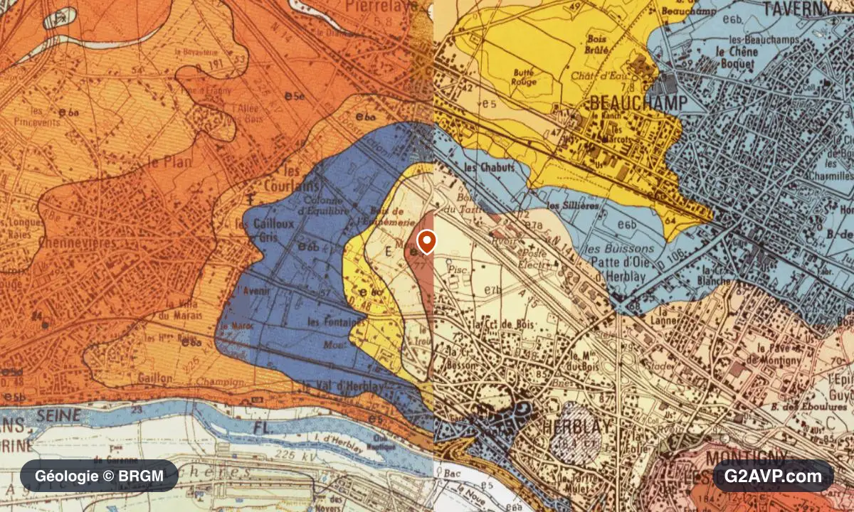 Carte géologique BRGM au 1/50 000 du secteur d'Herblay-sur-Seine : calcaires, marnes et gypse en formations dominantes, repère au centre de la commune