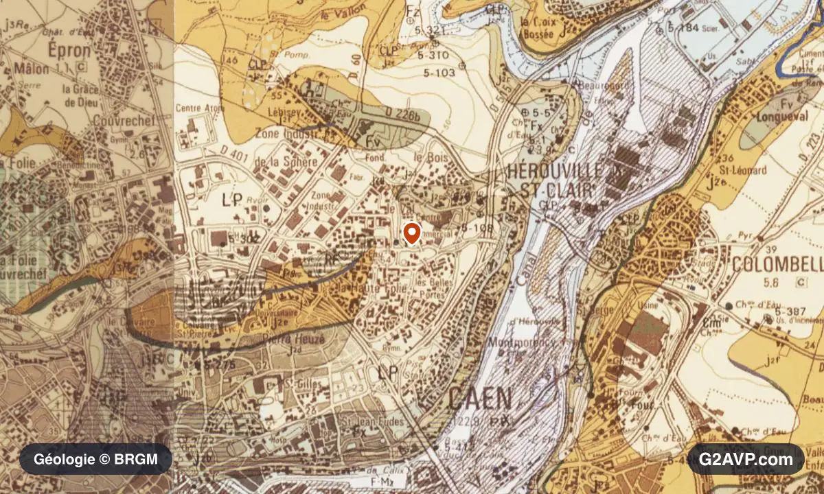 Carte géologique BRGM au 1/50 000 du secteur d'Hérouville-Saint-Clair : calcaires, marnes et gypse en formations dominantes, repère au centre de la commune