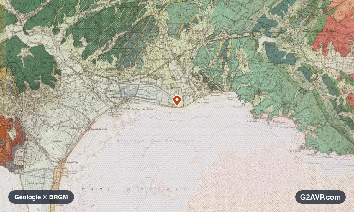 Carte géologique BRGM au 1/50 000 du secteur d'Hyères : sables en formations dominantes, repère au centre de la commune