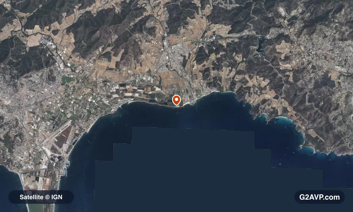 Vue satellite (orthophoto IGN) du secteur d'Hyères, même emprise que la carte géologique