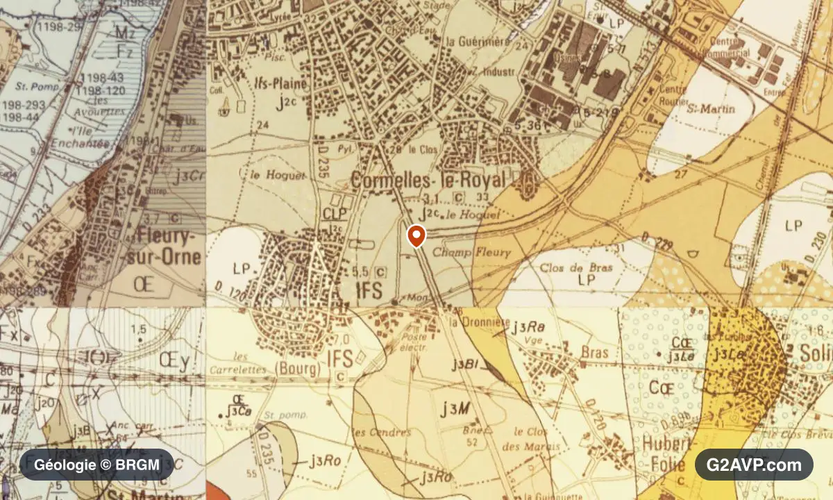 Carte géologique BRGM au 1/50 000 du secteur d'Ifs : calcaires, marnes et gypse en formations dominantes, repère au centre de la commune