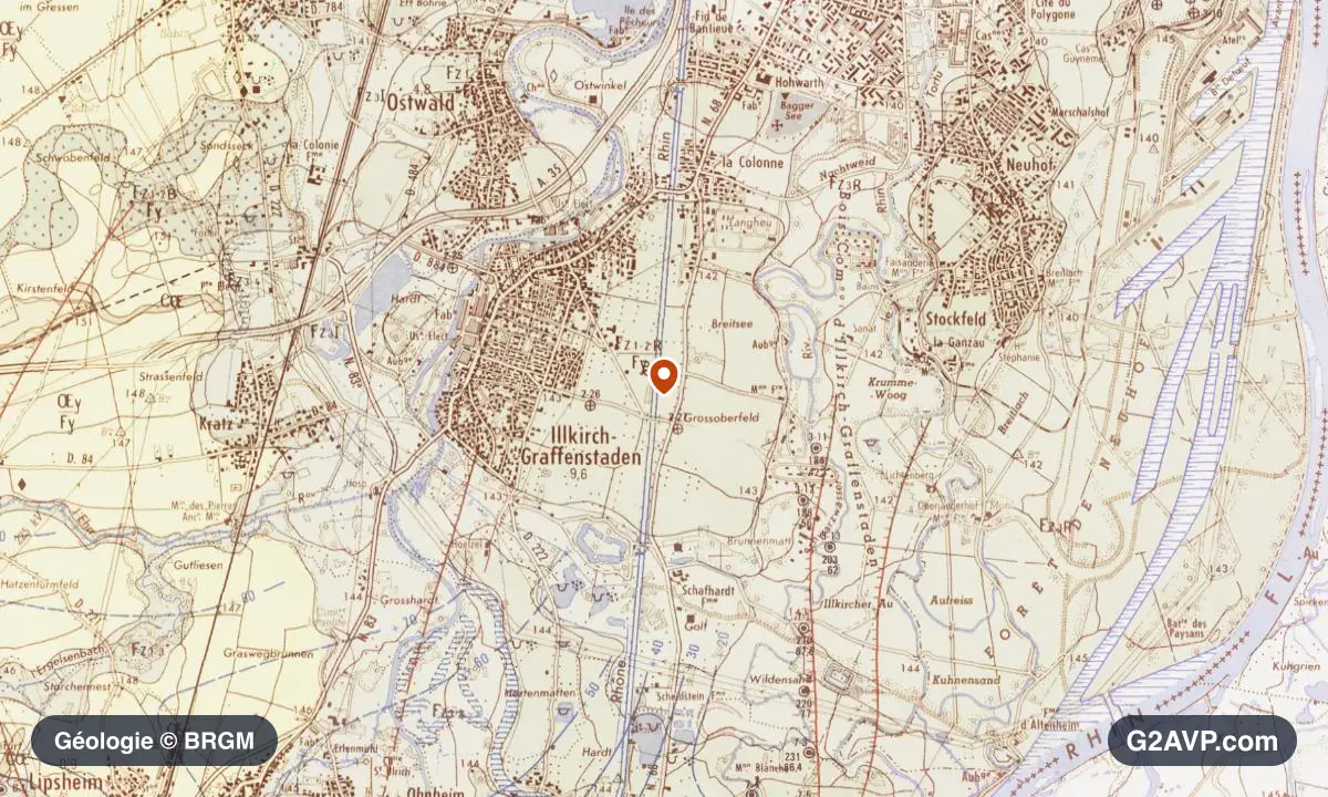 Carte géologique BRGM au 1/50 000 du secteur d'Illkirch-Graffenstaden : sables en formations dominantes, repère au centre de la commune