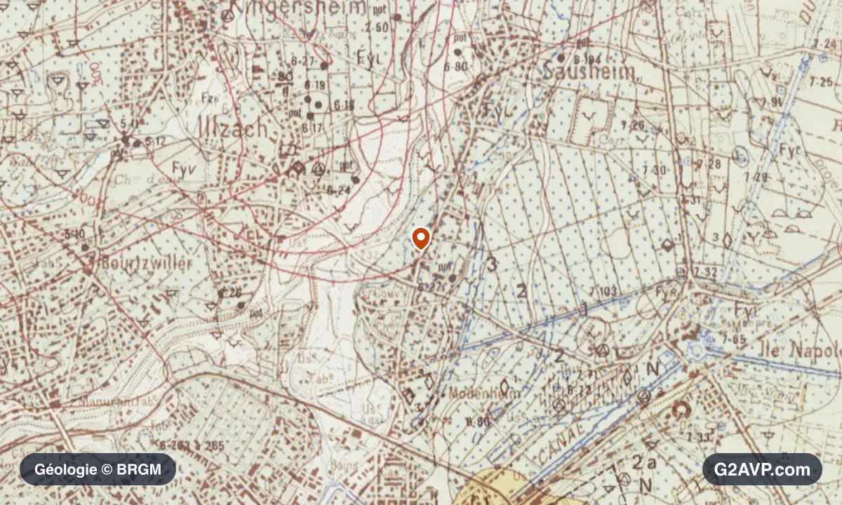 Carte géologique BRGM au 1/50 000 du secteur d'Illzach : sables en formations dominantes, repère au centre de la commune