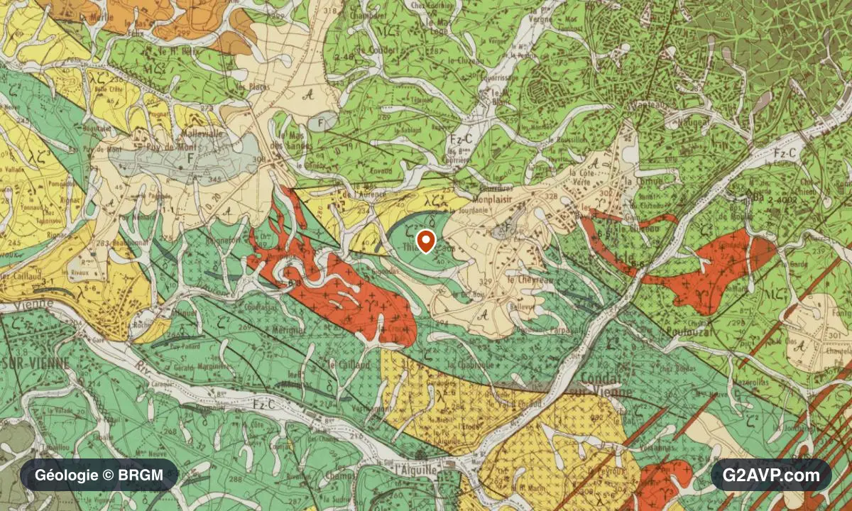 Carte géologique BRGM au 1/50 000 du secteur d'Isle : gneiss en formations dominantes, repère au centre de la commune