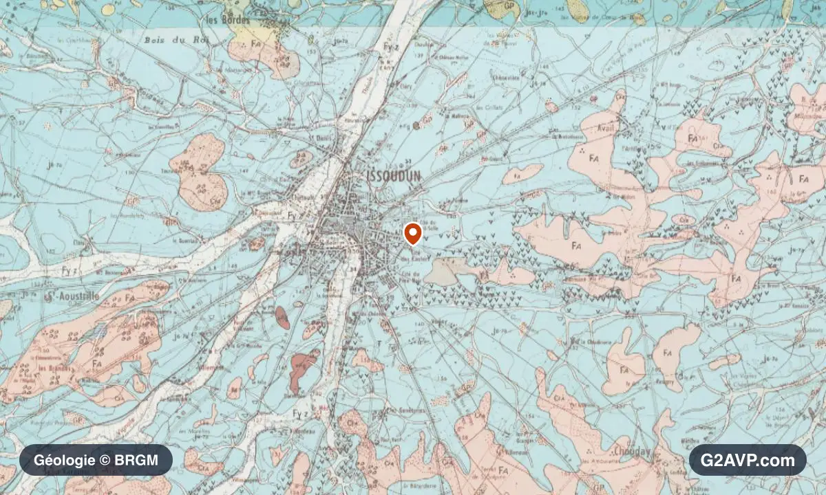 Carte géologique BRGM au 1/50 000 du secteur d'Issoudun : calcaires, marnes et gypse en formations dominantes, repère au centre de la commune