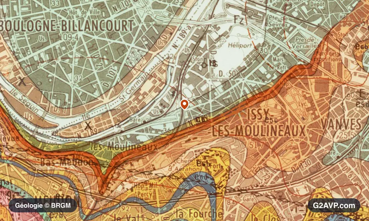 Carte géologique BRGM au 1/50 000 du secteur d'Issy-les-Moulineaux : calcaires, marnes et gypse en formations dominantes, repère au centre de la commune
