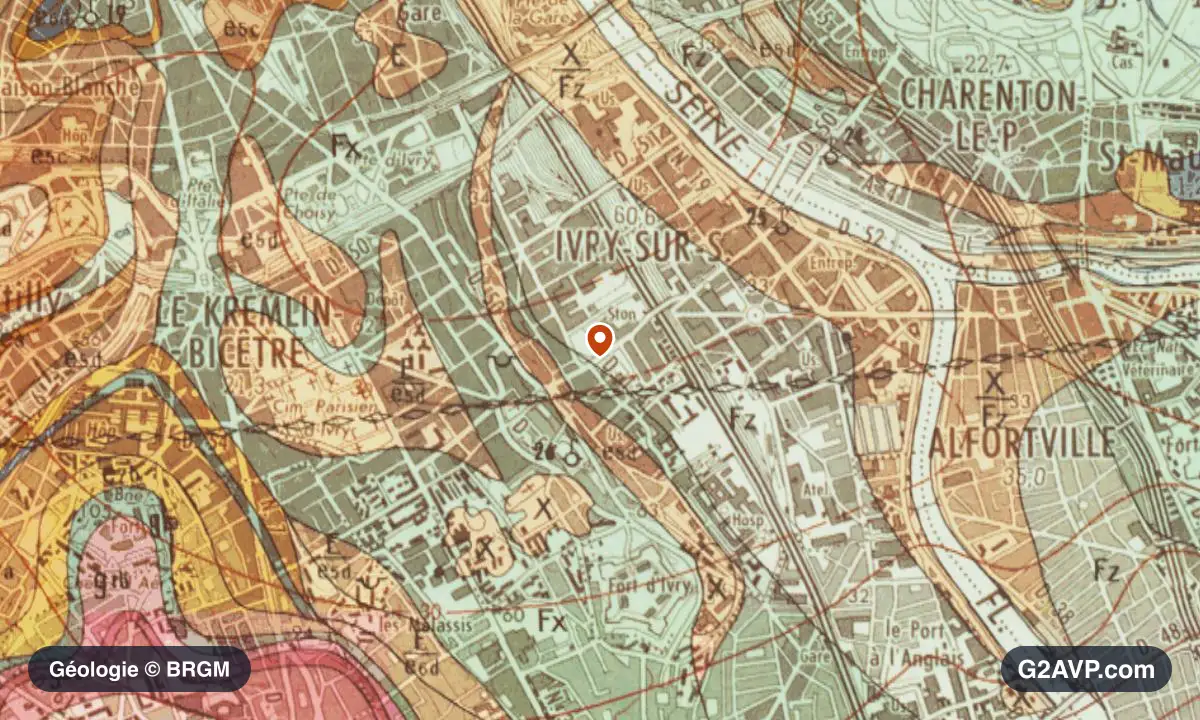 Carte géologique BRGM au 1/50 000 du secteur d'Ivry-sur-Seine : calcaires, marnes et gypse en formations dominantes, repère au centre de la commune