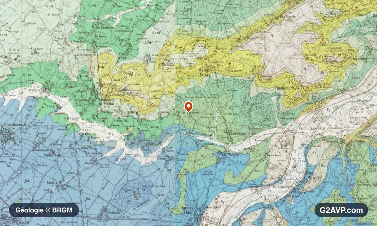 Carte géologique BRGM au 1/50 000 du secteur de Jaunay-Marigny : calcaires, marnes et gypse en formations dominantes, repère au centre de la commune