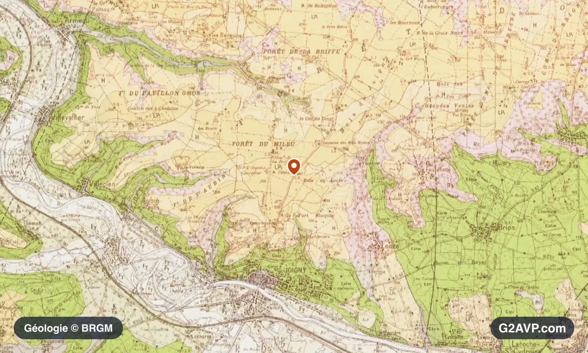 Carte géologique BRGM au 1/50 000 du secteur de Joigny : argiles en formations dominantes, repère au centre de la commune