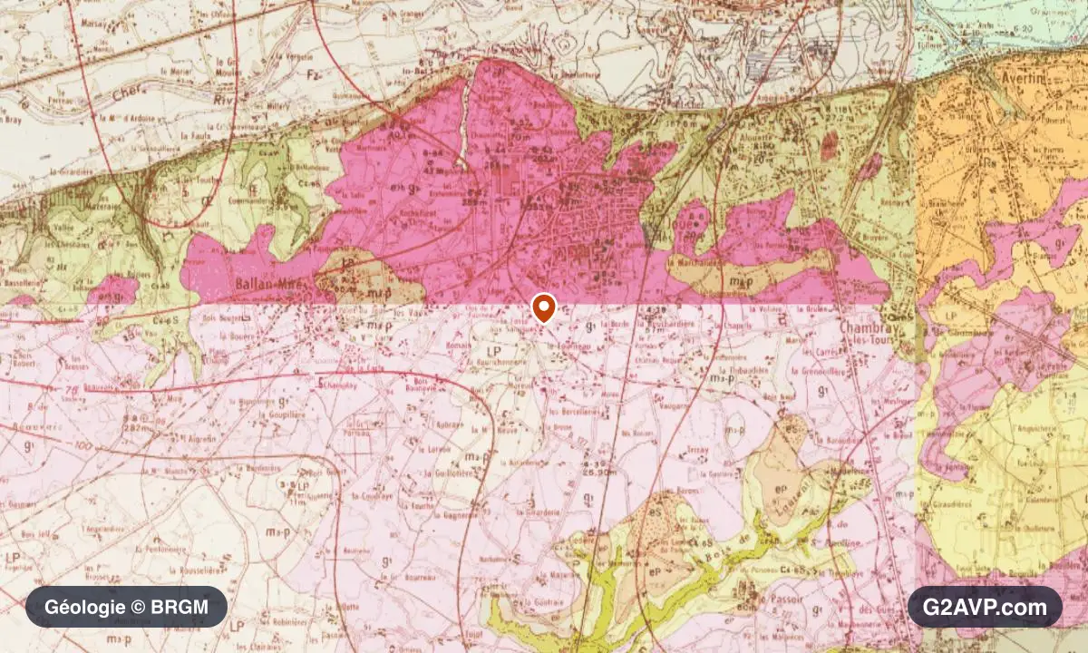Carte géologique BRGM au 1/50 000 du secteur de Joué-lès-Tours : calcaires, marnes et gypse en formations dominantes, repère au centre de la commune