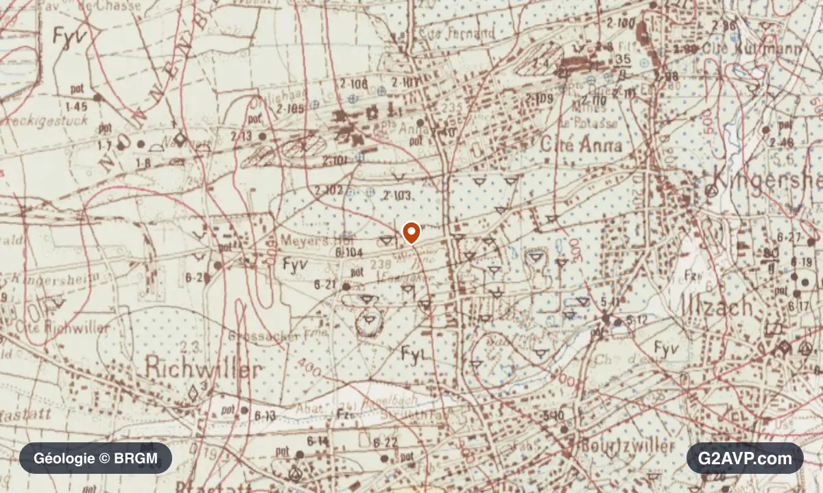 Carte géologique BRGM au 1/50 000 du secteur de Kingersheim : sables en formations dominantes, repère au centre de la commune